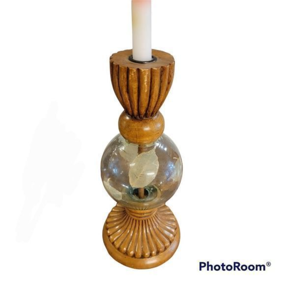 Vintage Wooden and glass candle holder with leaves inside 13 in tall